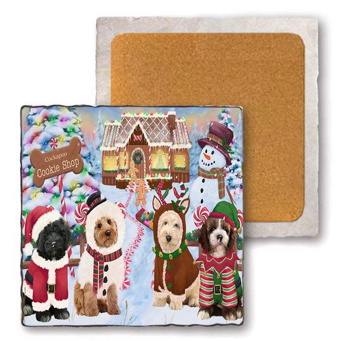 Holiday Gingerbread Cookie Shop Cockapoos Dog Set of 4 Natural Stone Marble Tile Coasters MCST51394