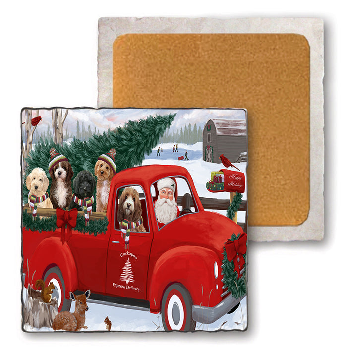 Christmas Santa Express Delivery Cockapoos Dog Family Set of 4 Natural Stone Marble Tile Coasters MCST50029