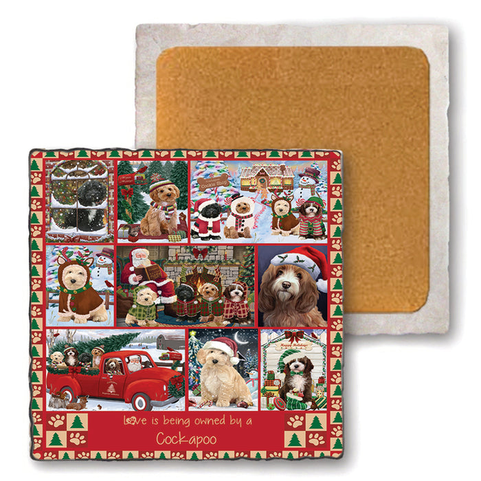 Love is Being Owned Christmas Cockapoo Dogs Set of 4 Natural Stone Marble Tile Coasters MCST52218