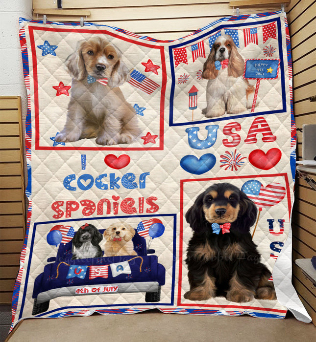 4th of July Independence Day I Love USA Cocker Spaniel Dogs Quilt Bed Coverlet Bedspread - Pets Comforter Unique One-side Animal Printing - Soft Lightweight Durable Washable Polyester Quilt