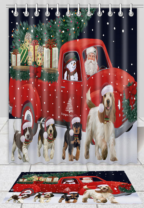 Christmas Express Delivery Red Truck Running Cocker Spaniel Dogs Bath Mat and Shower Curtain Combo