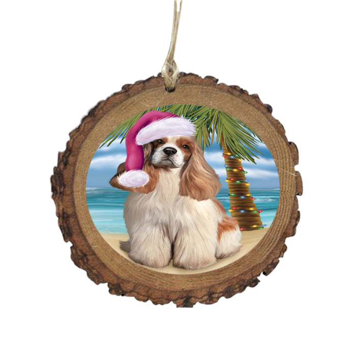 Summertime Happy Holidays Christmas Cocker Spaniel Dog on Tropical Island Beach Wooden Christmas Ornament WOR49364
