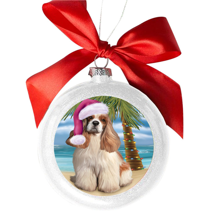 Summertime Happy Holidays Christmas Cocker Spaniel Dog on Tropical Island Beach White Round Ball Christmas Ornament WBSOR49364