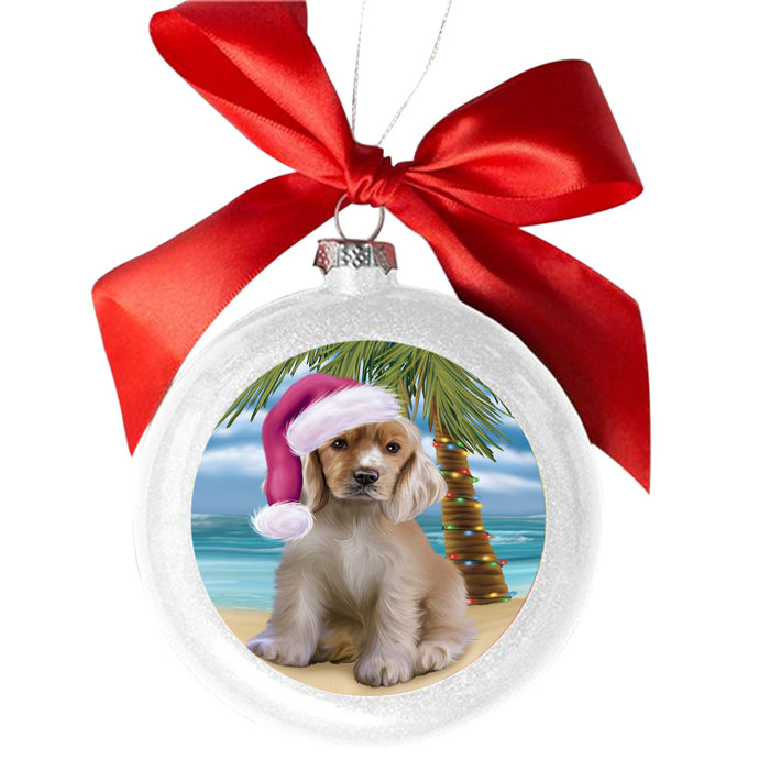 Summertime Happy Holidays Christmas Cocker Spaniel Dog on Tropical Island Beach White Round Ball Christmas Ornament WBSOR49366