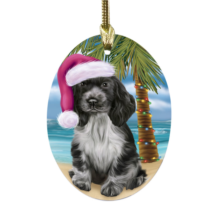 Summertime Happy Holidays Christmas Cocker Spaniel Dog on Tropical Island Beach Oval Glass Christmas Ornament OGOR49367