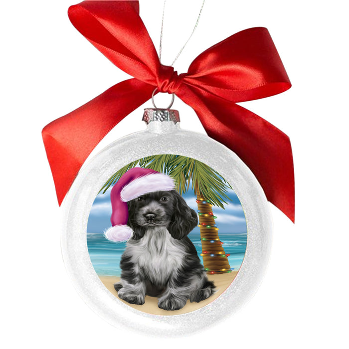 Summertime Happy Holidays Christmas Cocker Spaniel Dog on Tropical Island Beach White Round Ball Christmas Ornament WBSOR49367