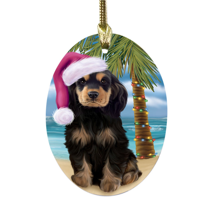 Summertime Happy Holidays Christmas Cocker Spaniel Dog on Tropical Island Beach Oval Glass Christmas Ornament OGOR49368