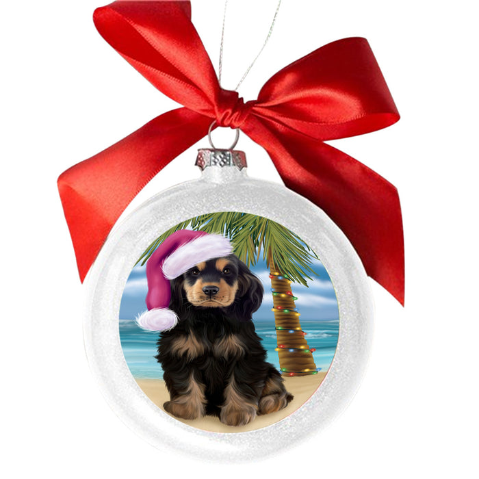 Summertime Happy Holidays Christmas Cocker Spaniel Dog on Tropical Island Beach White Round Ball Christmas Ornament WBSOR49368