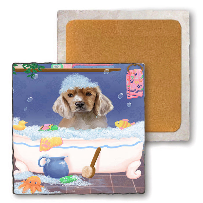 Rub A Dub Dog In A Tub Cocker Spaniel Dog Set of 4 Natural Stone Marble Tile Coasters MCST52355