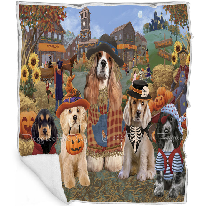 Halloween 'Round Town And Fall Pumpkin Scarecrow Both Cocker Spaniel Dogs Blanket BLNKT138881