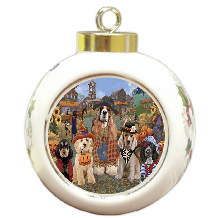 Halloween 'Round Town And Fall Pumpkin Scarecrow Both Cocker Spaniel Dogs Round Ball Christmas Ornament RBPOR57395
