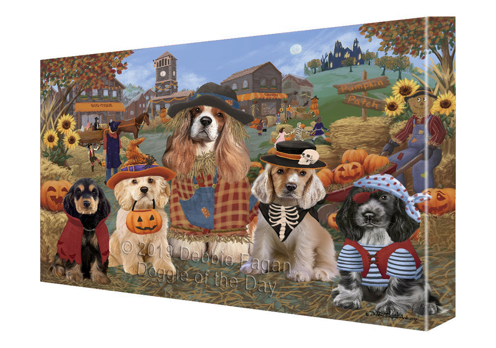 Halloween 'Round Town And Fall Pumpkin Scarecrow Both Cocker Spaniel Dogs Canvas Print Wall Art Décor CVS139508