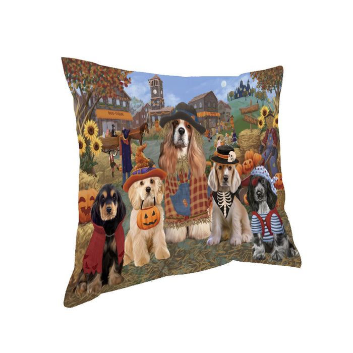 Halloween 'Round Town And Fall Pumpkin Scarecrow Both Cocker Spaniel Dogs Pillow PIL82364