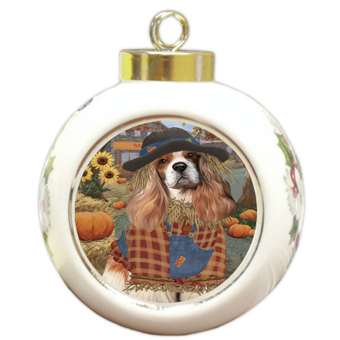 Halloween 'Round Town And Fall Pumpkin Scarecrow Both Cocker Spaniel Dogs Round Ball Christmas Ornament RBPOR57456