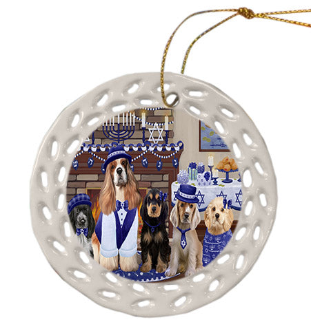 Happy Hanukkah Family Cocker Spaniel Dogs Ceramic Doily Ornament DPOR57613