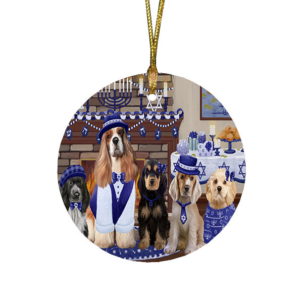 Happy Hanukkah Family and Happy Hanukkah Both Cocker Spaniel Dogs Round Flat Christmas Ornament RFPOR57517