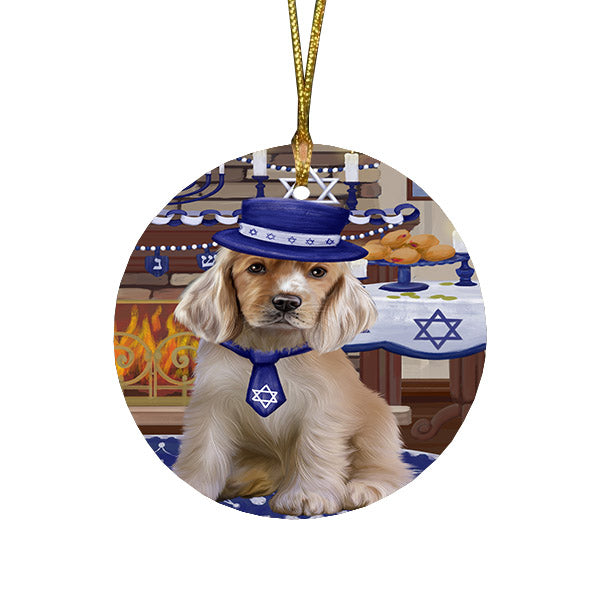 Happy Hanukkah Family and Happy Hanukkah Both Cocker Spaniel Dog Round Flat Christmas Ornament RFPOR57573