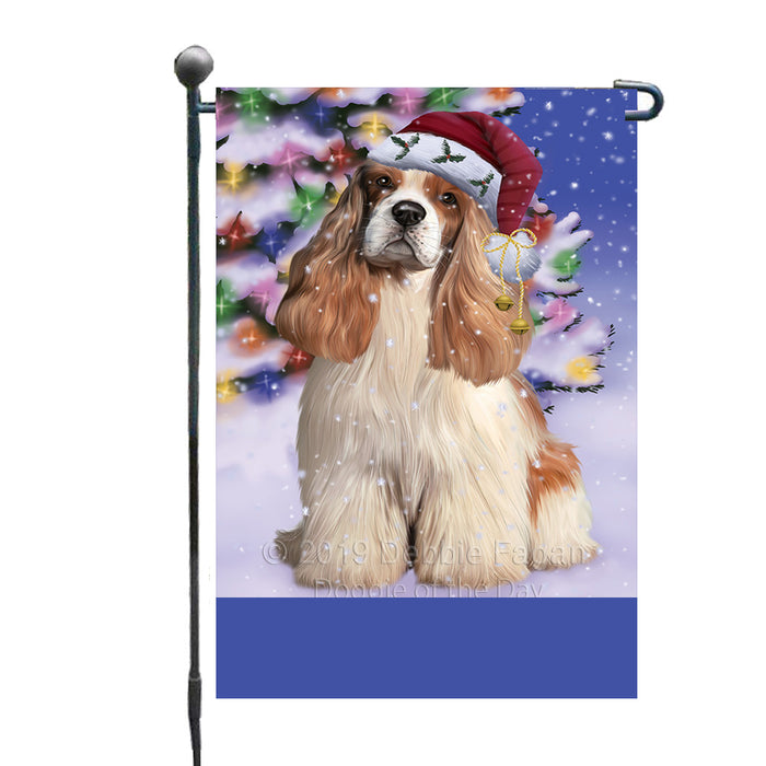 Personalized Winterland Wonderland Cocker Spaniel Dog In Christmas Holiday Scenic Background Custom Garden Flags GFLG-DOTD-A61294