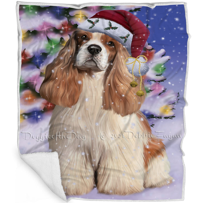 Winterland Wonderland Cocker Spaniel Dog In Christmas Holiday Scenic Background Blanket BLNKT101082