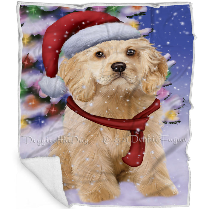 Winterland Wonderland Cocker Spaniel Dog In Christmas Holiday Scenic Background Blanket BLNKT101091