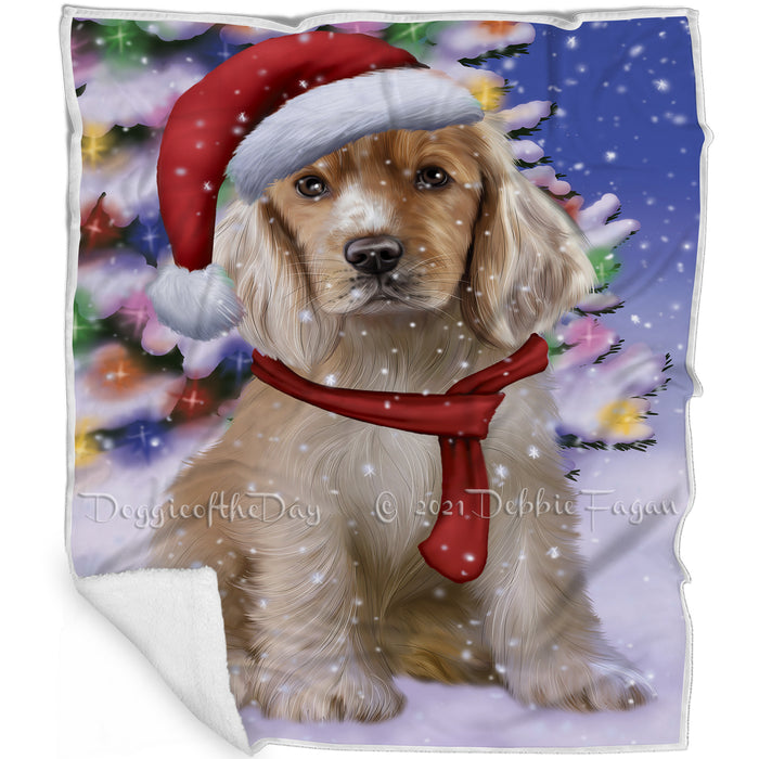 Winterland Wonderland Cocker Spaniel Dog In Christmas Holiday Scenic Background Blanket BLNKT101100