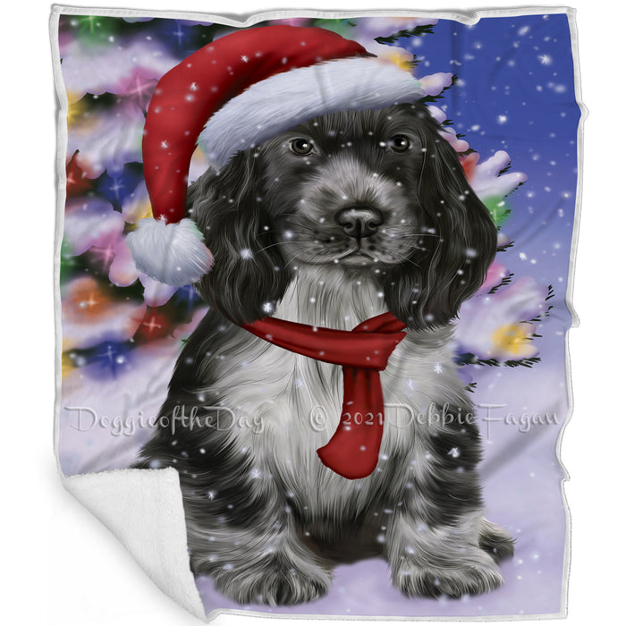 Winterland Wonderland Cocker Spaniel Dog In Christmas Holiday Scenic Background Blanket BLNKT101109