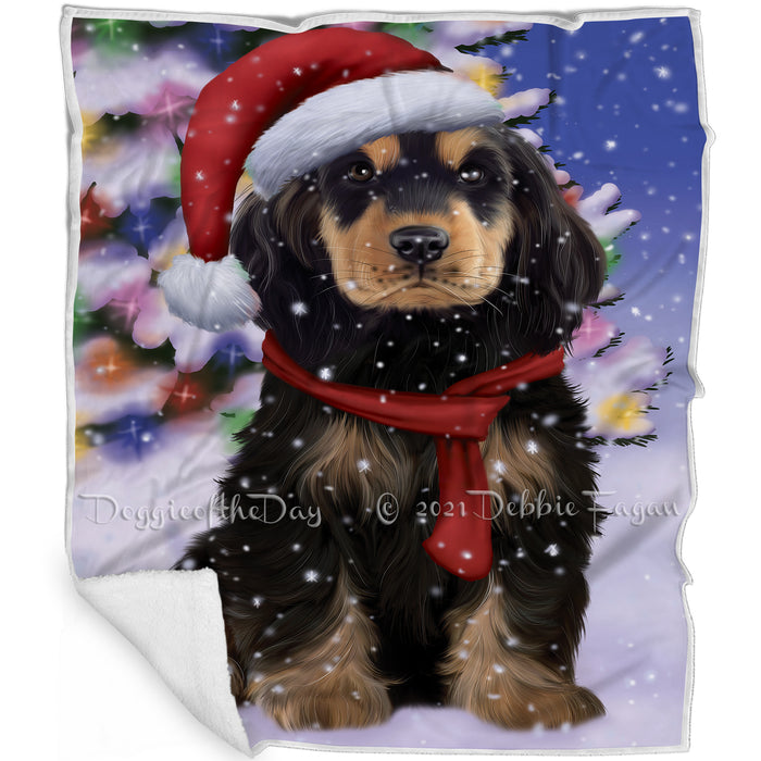 Winterland Wonderland Cocker Spaniel Dog In Christmas Holiday Scenic Background Blanket BLNKT101118