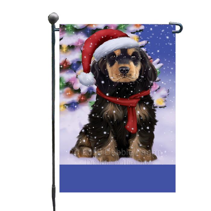 Personalized Winterland Wonderland Cocker Spaniel Dog In Christmas Holiday Scenic Background Custom Garden Flags GFLG-DOTD-A61298