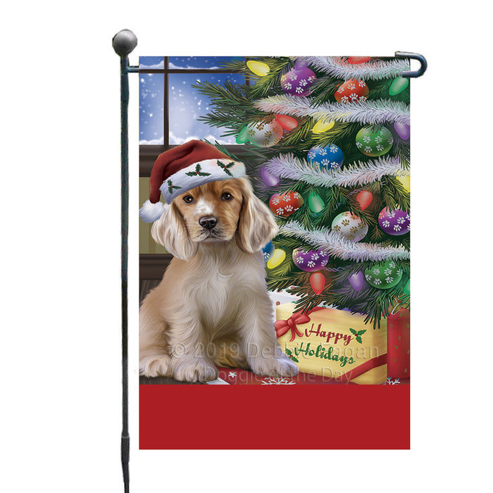 Personalized Christmas Happy Holidays Cocker Spaniel Dog with Tree and Presents Custom Garden Flags GFLG-DOTD-A58622