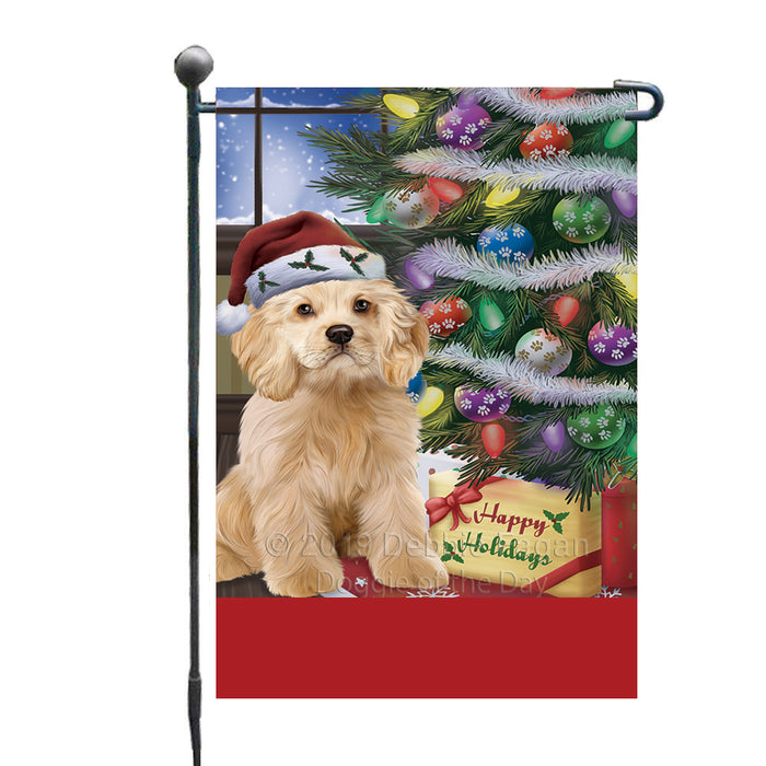 Personalized Christmas Happy Holidays Cocker Spaniel Dog with Tree and Presents Custom Garden Flags GFLG-DOTD-A58623