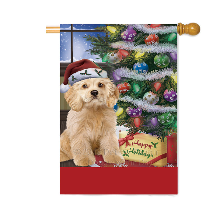 Personalized Christmas Happy Holidays Cocker Spaniel Dog with Tree and Presents Custom House Flag FLG-DOTD-A58679
