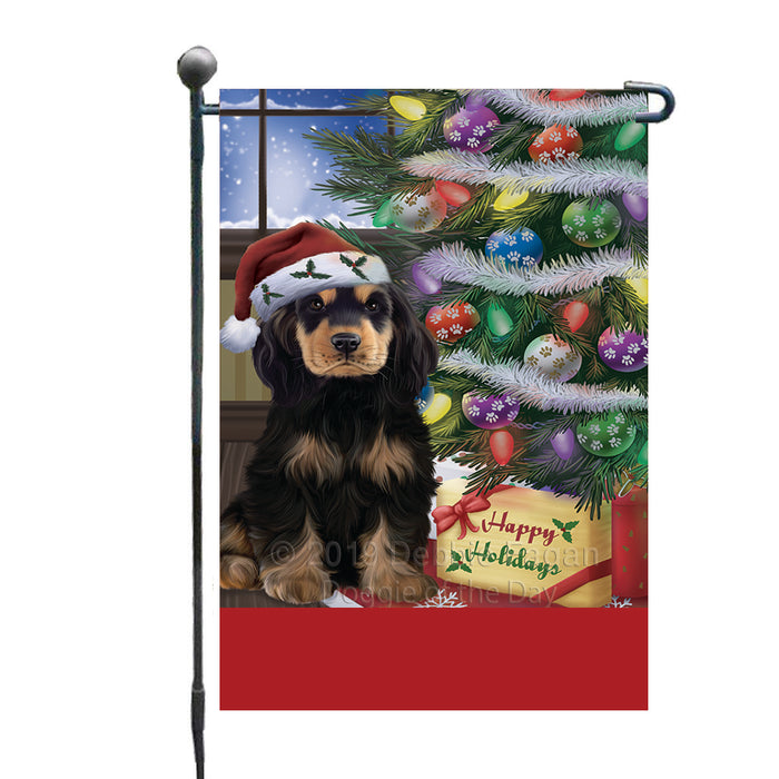 Personalized Christmas Happy Holidays Cocker Spaniel Dog with Tree and Presents Custom Garden Flags GFLG-DOTD-A58624
