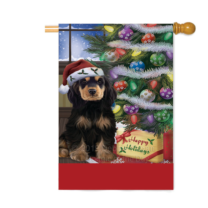 Personalized Christmas Happy Holidays Cocker Spaniel Dog with Tree and Presents Custom House Flag FLG-DOTD-A58680