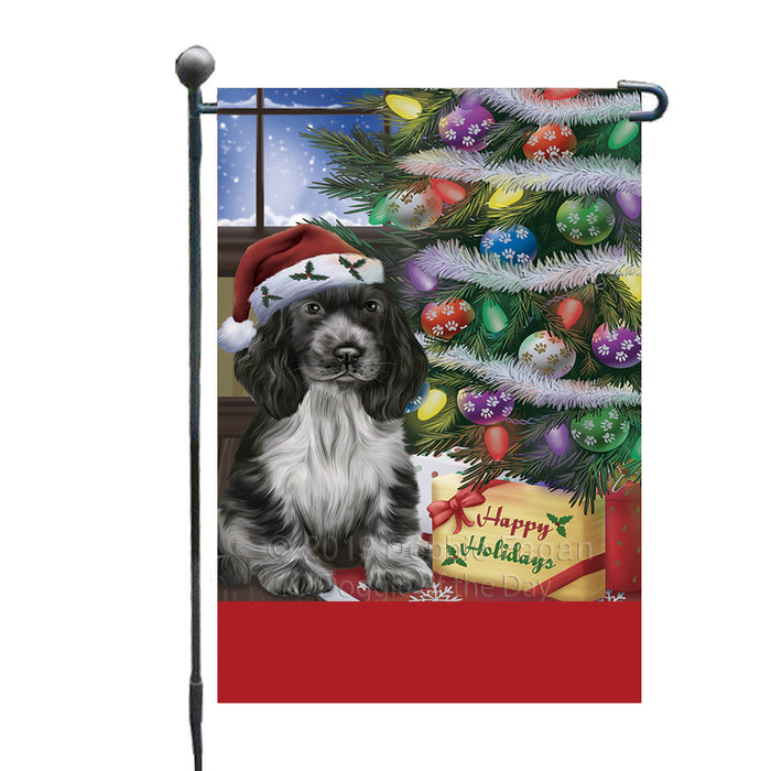 Personalized Christmas Happy Holidays Cocker Spaniel Dog with Tree and Presents Custom Garden Flags GFLG-DOTD-A58625