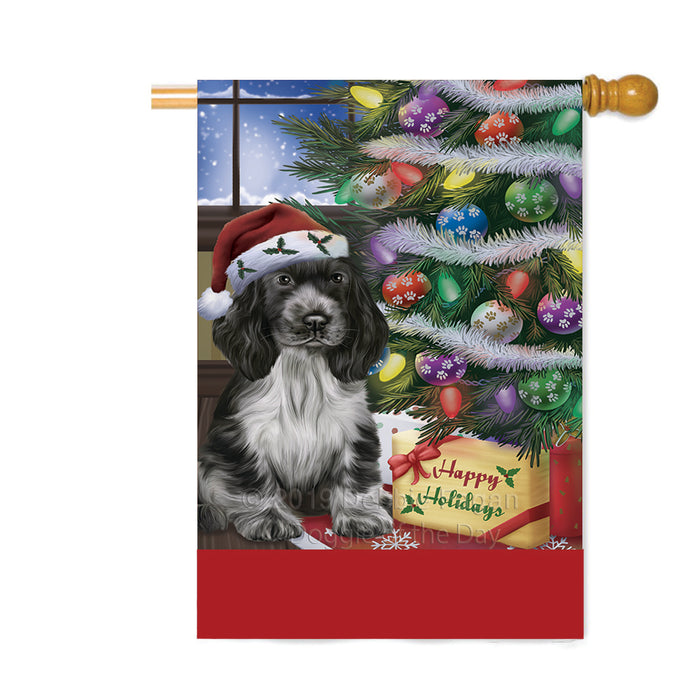 Personalized Christmas Happy Holidays Cocker Spaniel Dog with Tree and Presents Custom House Flag FLG-DOTD-A58681