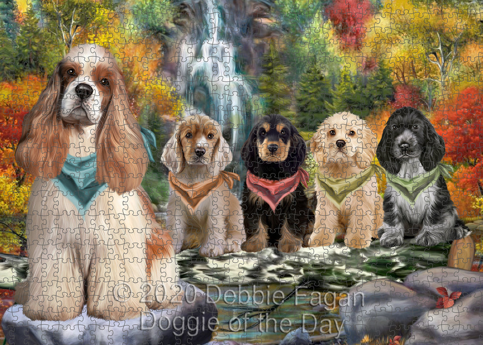 Scenic Waterfall Cocker Spaniel Dogs Portrait Jigsaw Puzzle for Adults Animal Interlocking Puzzle Game Unique Gift for Dog Lover's with Metal Tin Box