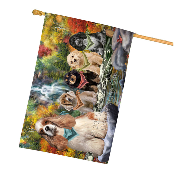 Scenic Waterfall Cocker Spaniel Dogs House Flag Outdoor Decorative Double Sided Pet Portrait Weather Resistant Premium Quality Animal Printed Home Decorative Flags 100% Polyester
