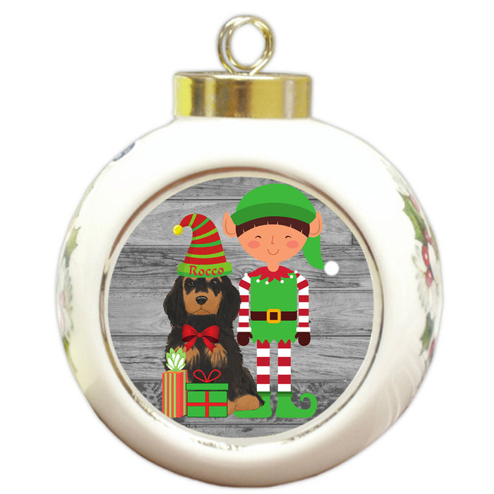 Custom Personalized Cocker Spaniel Dog Elfie and Presents Christmas Round Ball Ornament