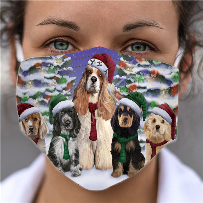 Cocker Spaniel Dogs Christmas Family Portrait in Holiday Scenic Background Face Mask FM48337
