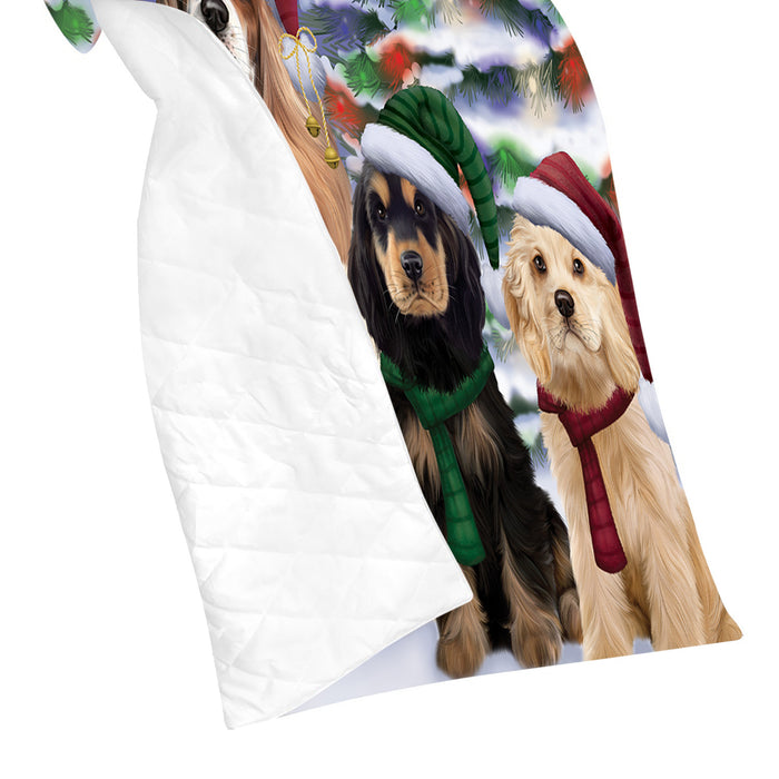 Cocker Spaniel Dogs Christmas Family Portrait in Holiday Scenic Background Quilt