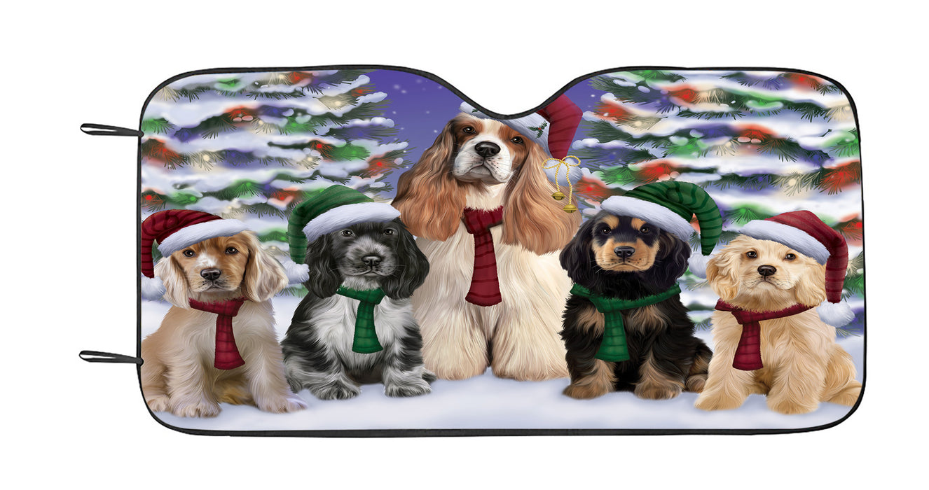 Cocker Spaniel Dogs Christmas Family Portrait in Holiday Scenic Background Car Sun Shade