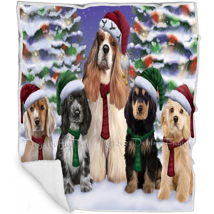 Cocker Spaniels Dog Christmas Family Portrait in Holiday Scenic Background  Blanket BLNKT90687
