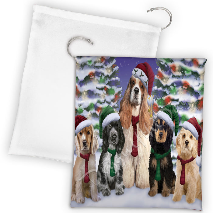 Cocker Spaniel Dogs Christmas Family Portrait in Holiday Scenic Background Drawstring Laundry or Gift Bag LGB48135