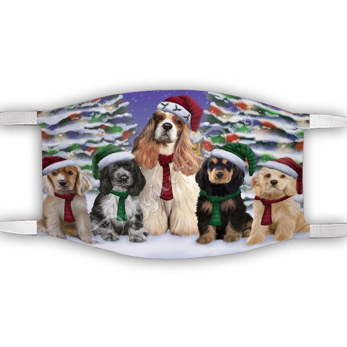 Cocker Spaniel Dogs Christmas Family Portrait in Holiday Scenic Background Face Mask FM48337