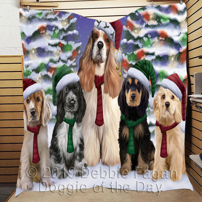Cocker Spaniel Dogs Christmas Family Portrait in Holiday Scenic Background Quilt