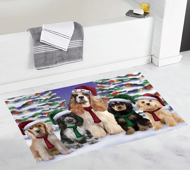 Cocker Spaniel Dogs Christmas Family Portrait in Holiday Scenic Background Bath Mat