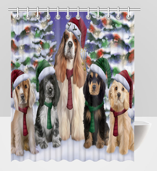 Cocker Spaniel Dogs Christmas Family Portrait in Holiday Scenic Background Shower Curtain