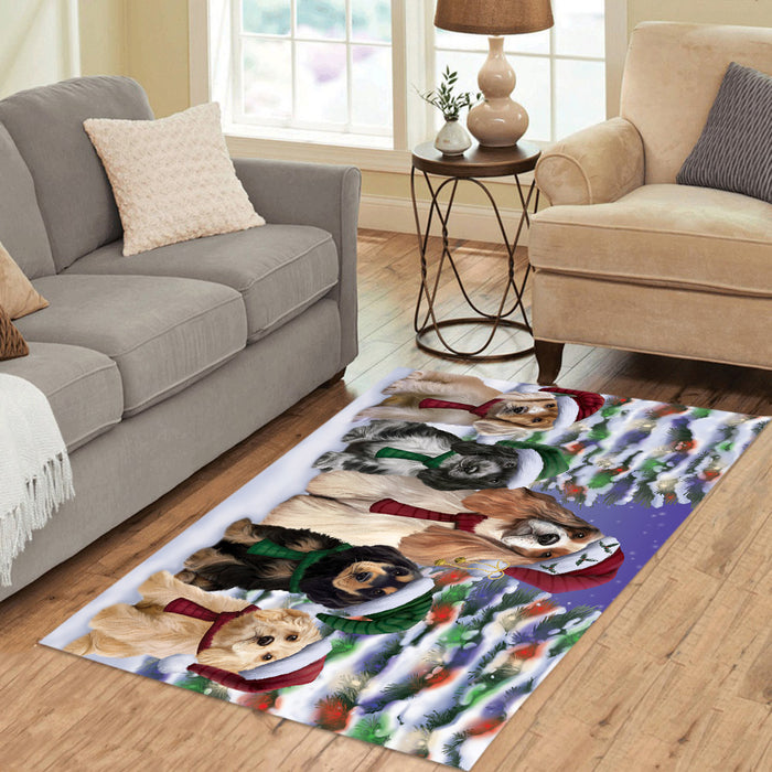 Cocker Spaniel Dogs Christmas Family Portrait in Holiday Scenic Background Area Rug