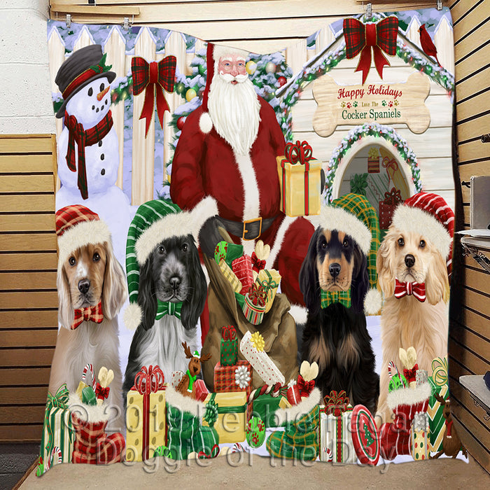 Happy Holidays Christmas Cocker Spaniel Dogs House Gathering Quilt