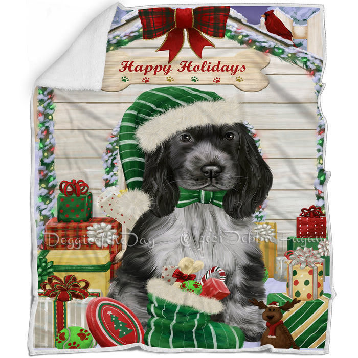 Happy Holidays Christmas Cocker Spaniel Dog House with Presents Blanket BLNKT142065